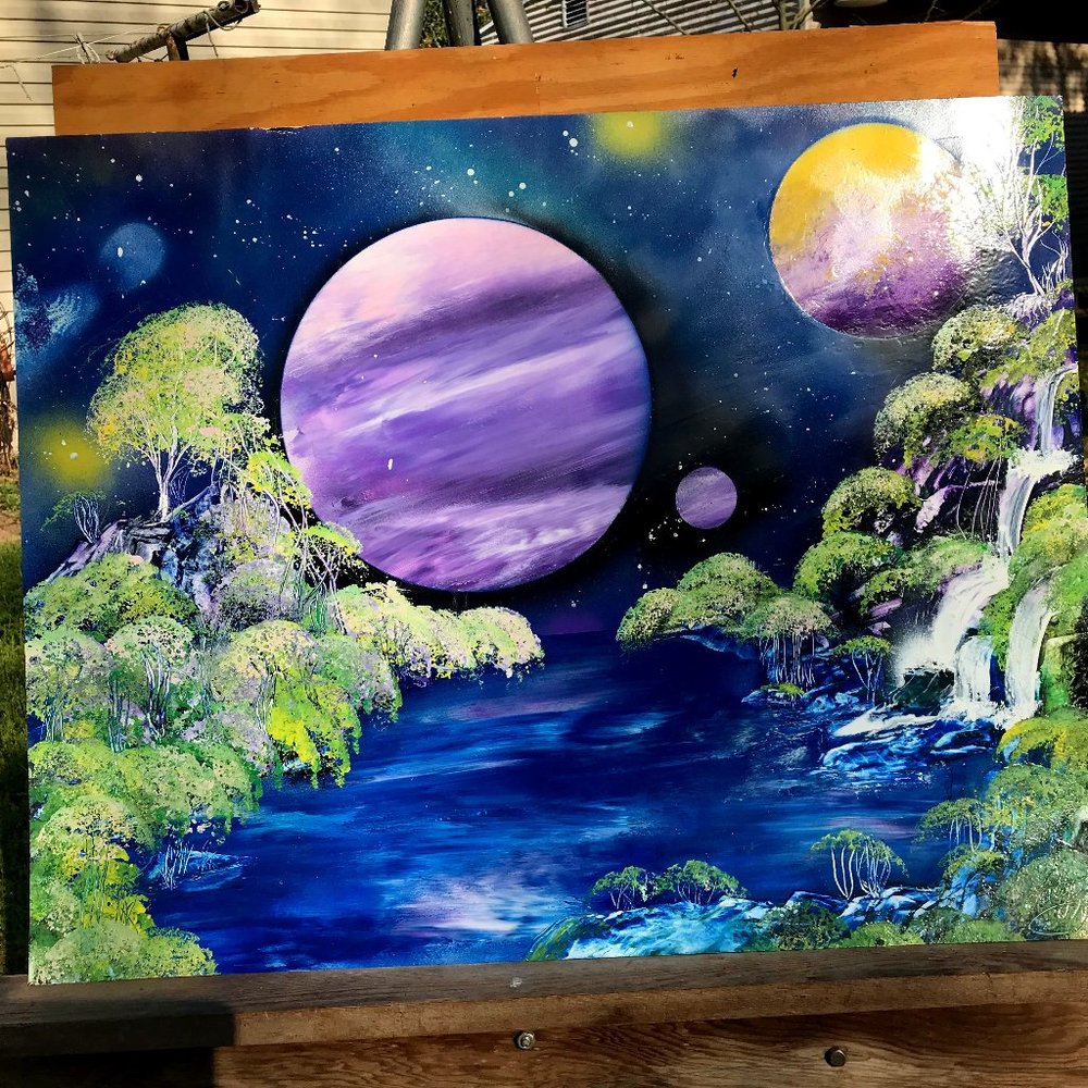 Hand Painted 22" inch by 28" inch painting of Purple Planets Through Rivers View